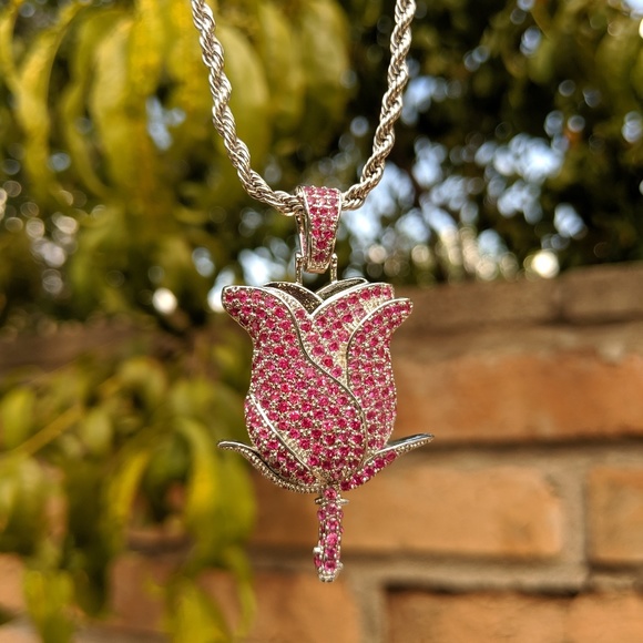 🖤 24" x 3mm Rope Chain + Red Rose Pendant - Picture 7 of 8